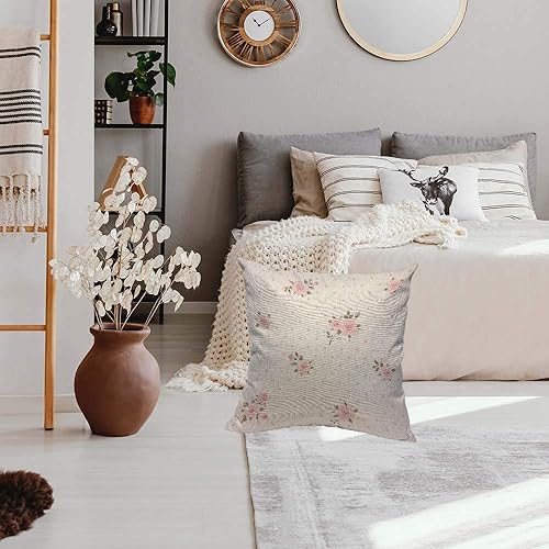 Miniatura 5 de HOSNYE Funda de cojín con diseño floral de lunares, estilo Shabby Chic con rosas rosadas, algodón y lino para sofá, cama, sofá, automóvil, cintura