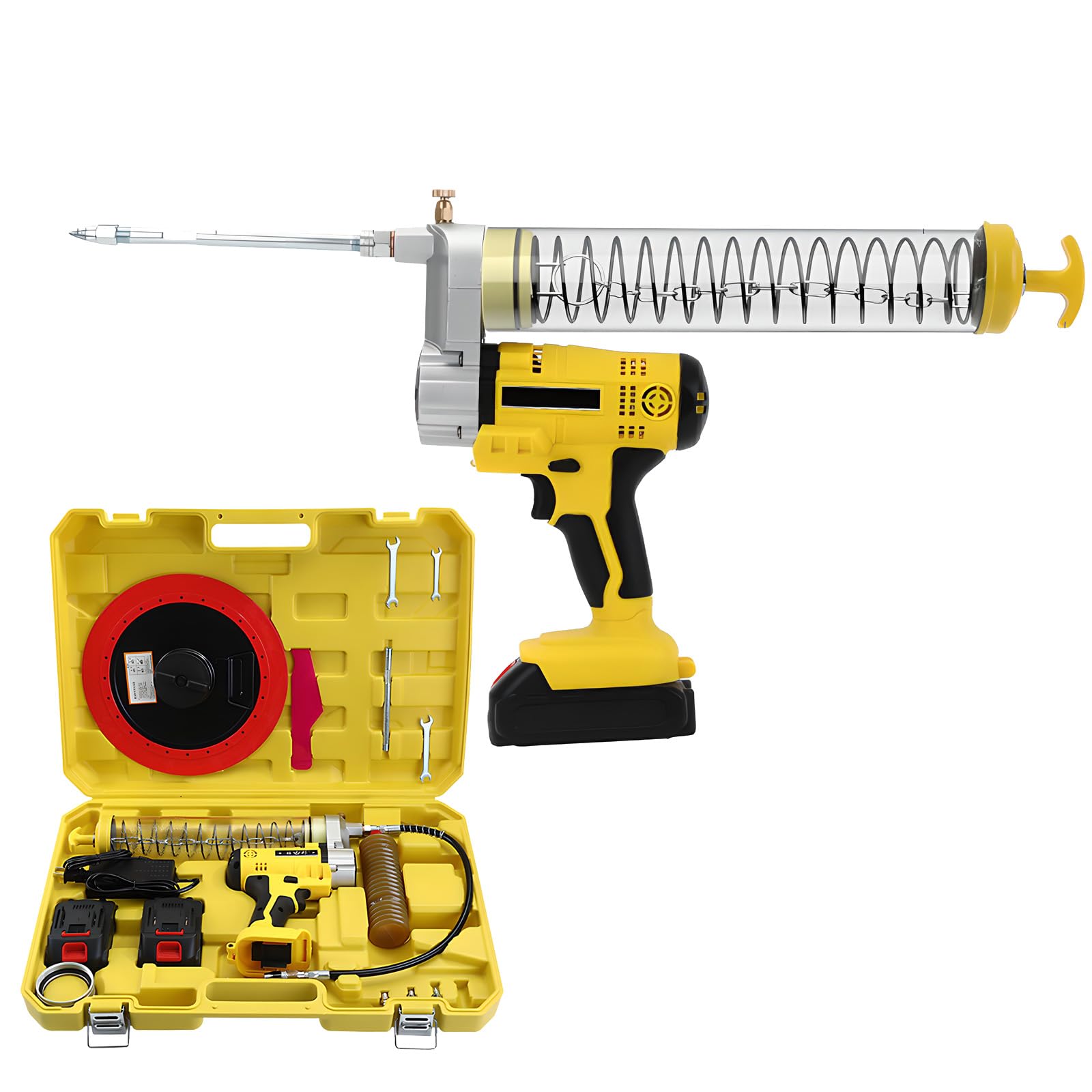 Pistola de engrase inalámbrica de Iones de Litio, Pistolas de engrase a batería, con Manguera, Caja de Herramientas, 7000 PSI, 2 baterías, Motor de Cobre Puro, Tanque Transparente