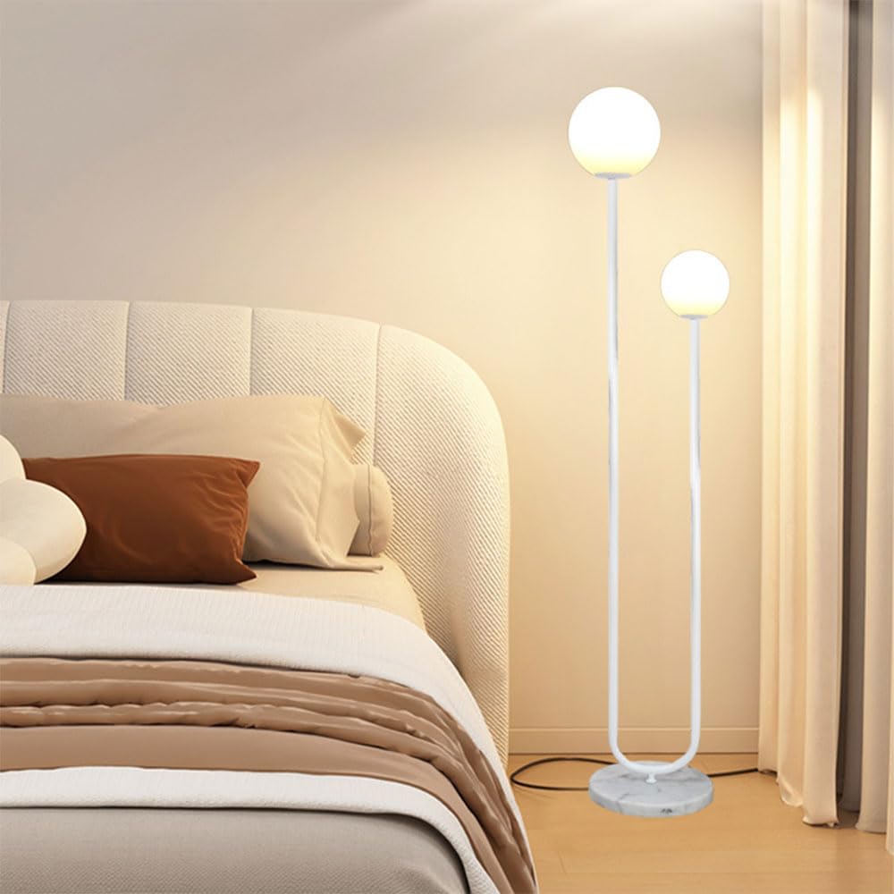 Wylolik Double Minimalist Floor Lamp White Glass Standing Light Foot Switch Vertical Lamp Rustproof Iron Table Lamp Round Ball Standing Lamps For Bedroom Bedside Lamps Living Room Ambiance Reading Lig