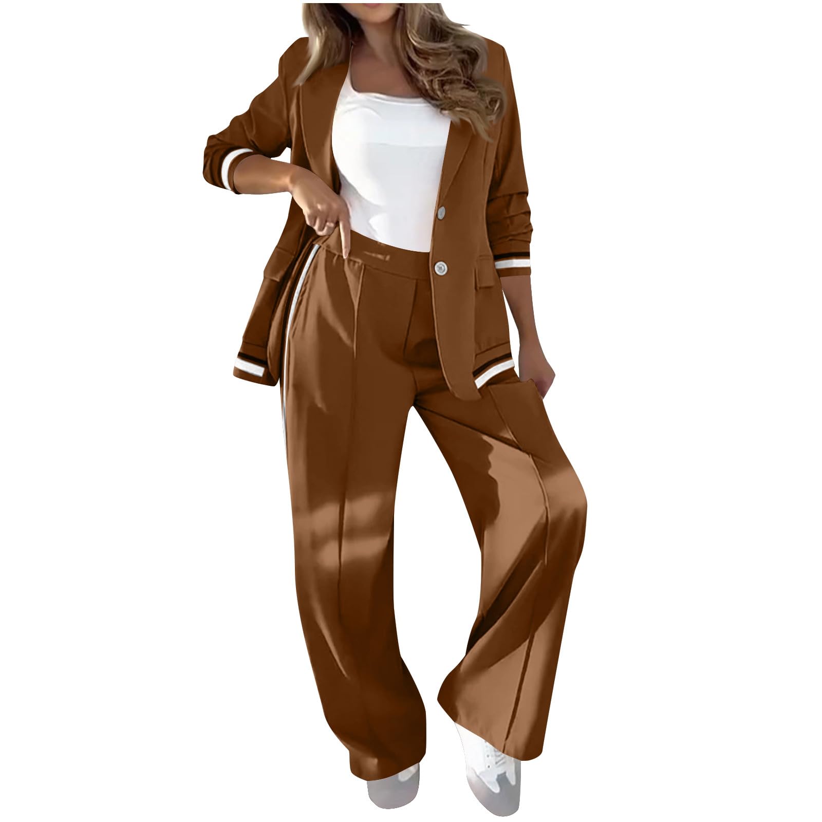 Womens Casual Pant Suits 2 Piece Office Work Set Single Breasted Notched Lapel Blazer Jacket Wide Leg Pants