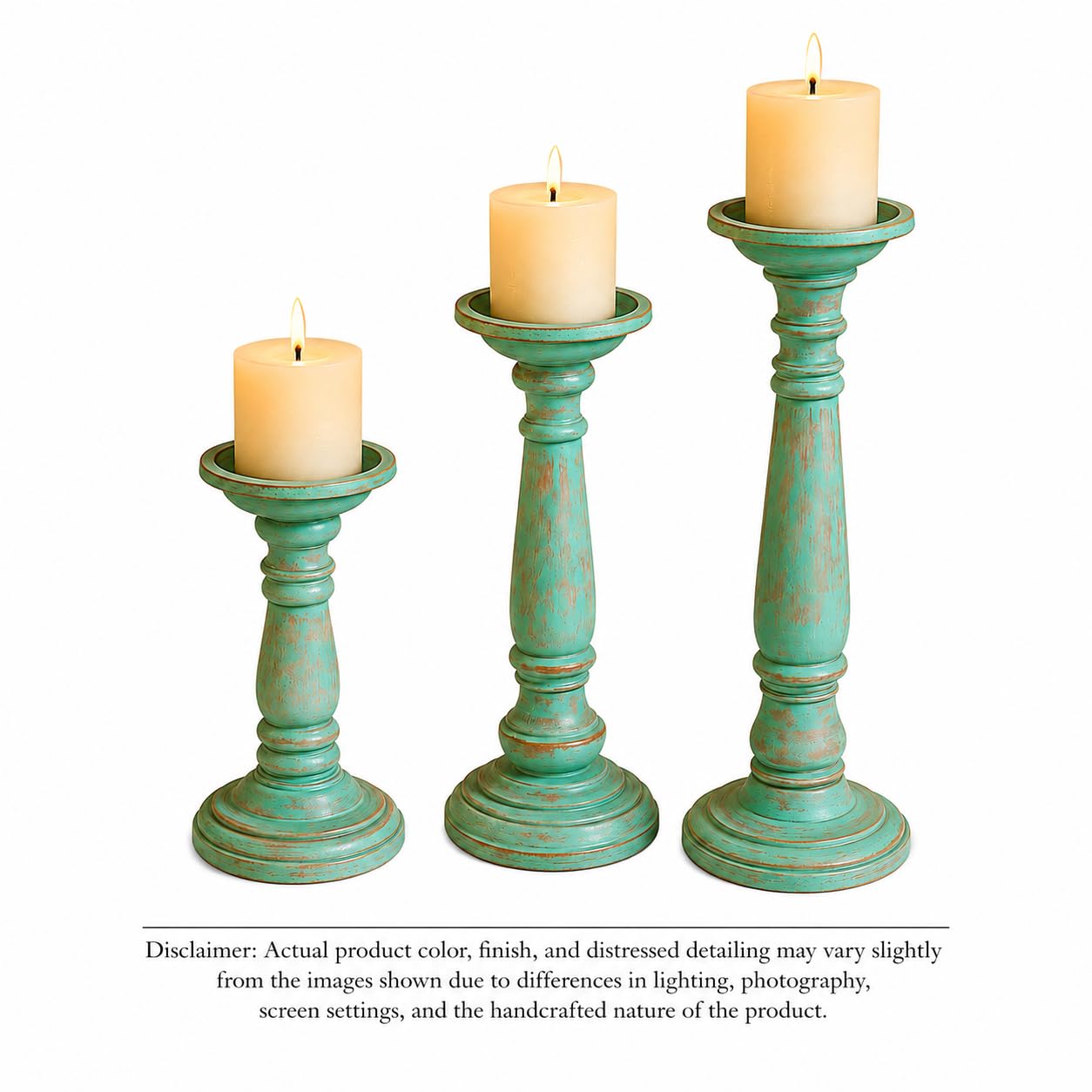 THE RAAVYA Handcrafted Wooden Pillar Candle Stand Set of 3 (15, 12 & 9 Inch) Antique Green Distressed Finish Decorative Candle Holders for Living Room Décor, Cozy Ambience & Luxury Home Styling Use 2