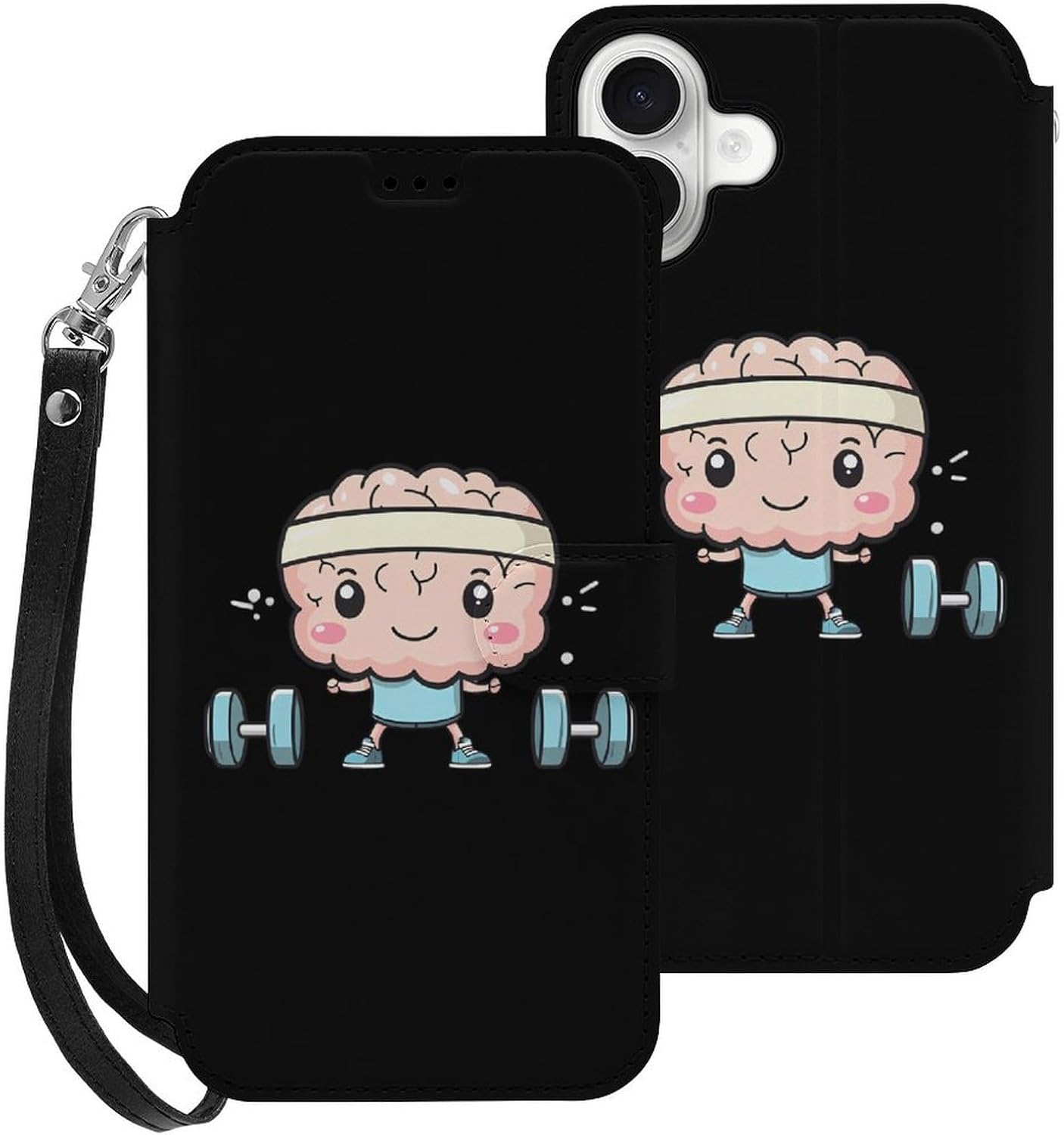 Brain Lifting Weights Compatible with iPhone 16/16 Plus/16 Pro/16 Pro Max/16 E Case Phone Wallet Card Holder Flip Cover with Wrist Strap