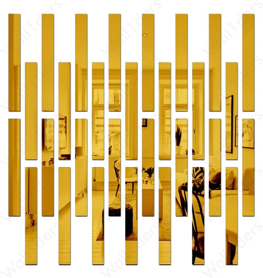 Wall1ders 30 Strip Designed Golden Mirror Stickers for Wall, Acrylic Mirror Wall Decor Sticker, Wall Mirror Stickers-Self-Adhesive