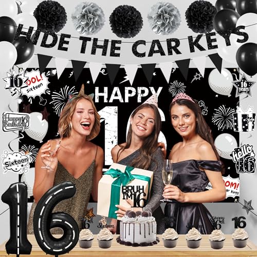Image of Holkcog Black 16th Birthday Party Decorations for Boys, Cheers To 16 Years
