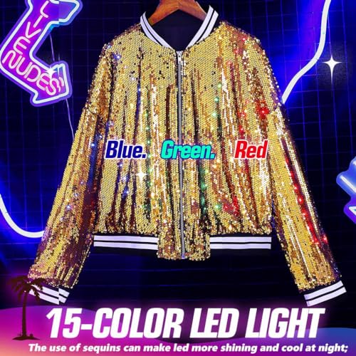 JAKAWIN Women’s Light Up Sequin Bomber Jacket Coat Long Sleeve Disco Concert Rave Festival Jackets3