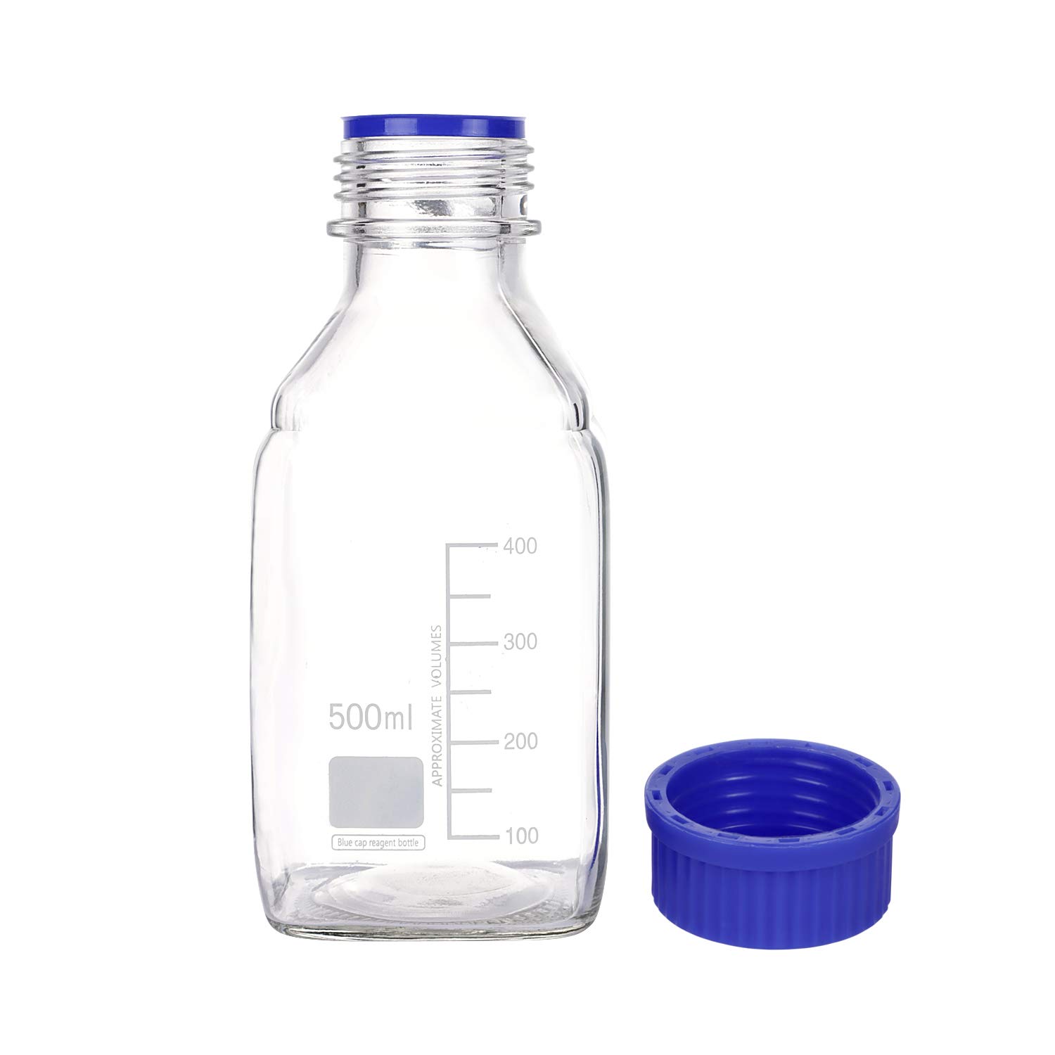 Moonetto - Botella de cristal cuadrada graduada Pyrex de 500 ml, con tapón de rosca de polipropileno azul GL45 (paquete de 8)