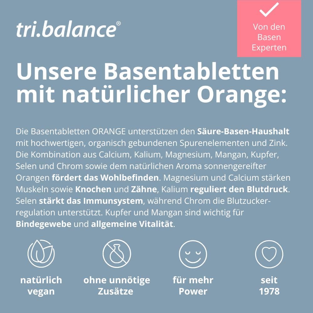 tri.balance Basentabletten ORANGE 225 Tabletten mit Zink für den Säure-Basen-Stoffwechsel natürlicher Orangengeschmack vegan Made in Germany