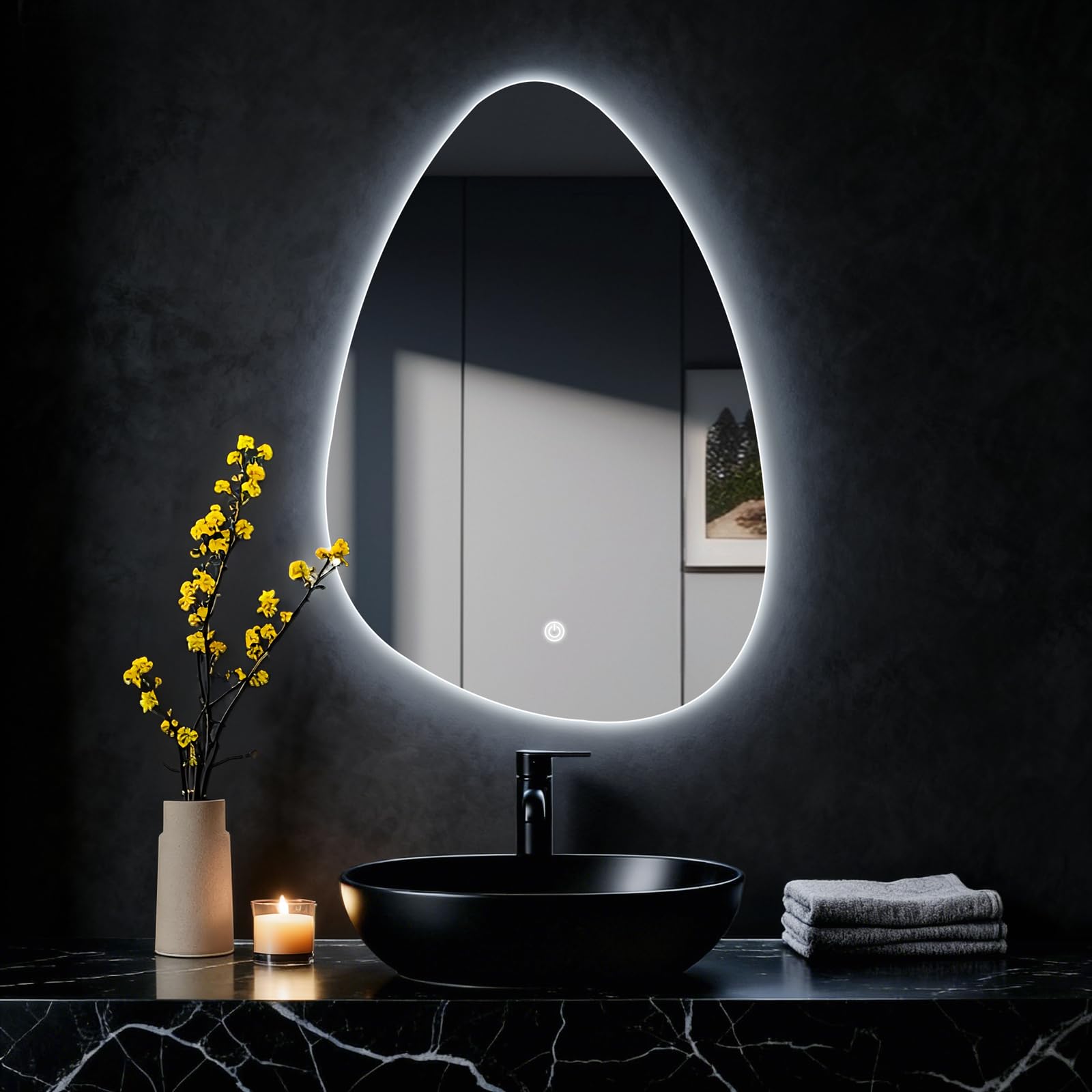 Specchio da parete rotondo per bagno, con illuminazione, specchio con luce LED, interruttore touch e 3 colori dimmerabili (60 L x 40 cm)