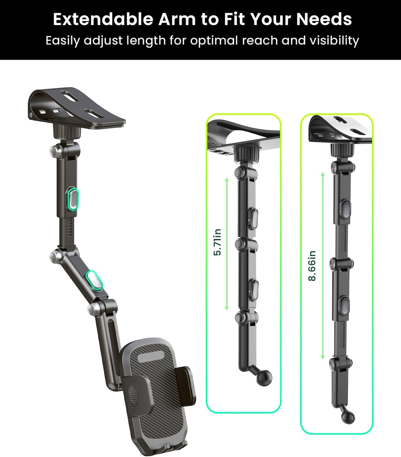 Karmus Sun Visor Phone Holder for Car, Aluminum Alloy Clip-on Sunvisor Phone Mount with Auto-Lock, 360° Rotation & Extendable Arm, Hands-Free Car Visor Cell Phone Holder Compatible with iPhone Android