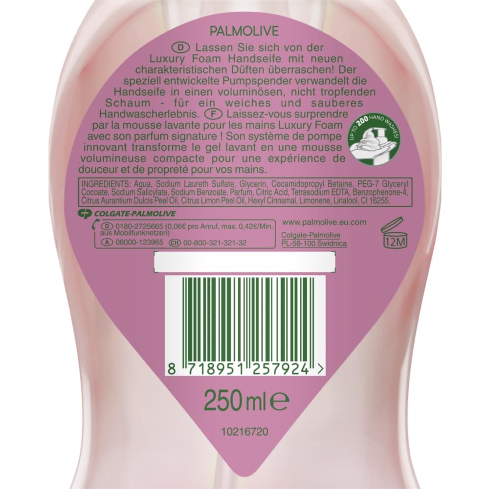 Palmolive Jabón Luxury Foam frambuesa y arándano, 6 x 250 ml, jabón de espuma para la limpieza suave de las manos