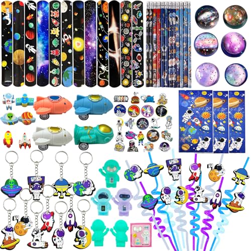 QZYCMHOO 152PCS Space Party Favors Set Outer Space Birthday Decorations Including Slap Bracelets Keychains Gift Bags DIY Stickers Drinking Straws Alien Birthday Supplies
