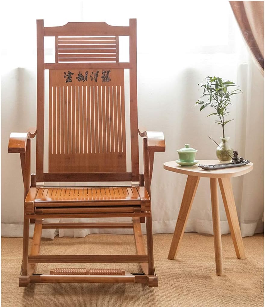 N / A Bamboo Rocking ChairFolding Chair, Comfortable and Adjustable Beach Yard Bamboo Rocking Chair, with Massage Footrest for Indoor and Outdoor Recliners