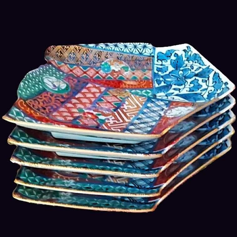 箱入5客 龍峰窯 金彩赤絵 祥瑞花丸紋むすび皿 古