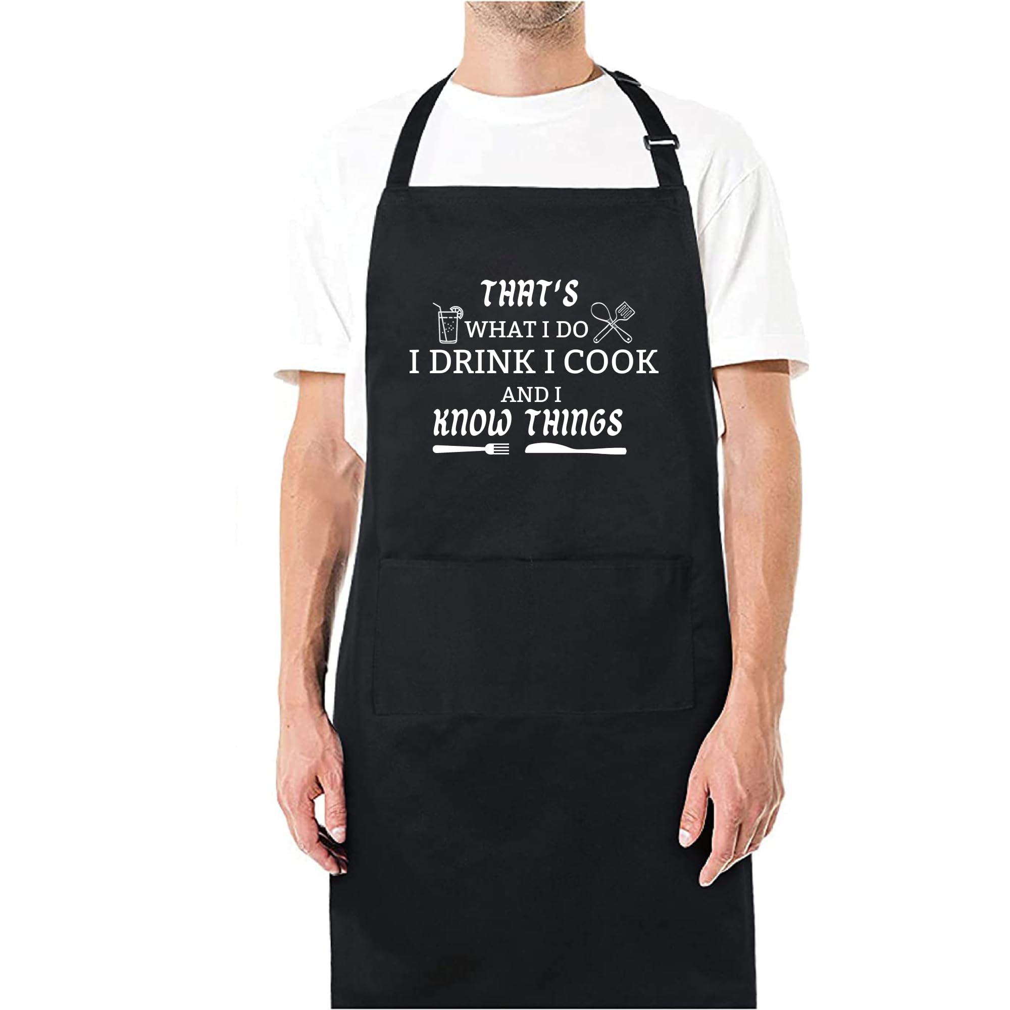 Be BuzFunny BBQ Black Chef Aprons for Men, I Cook and I Know Things Adjustable Kitchen Cooking Aprons with Pocket Birthday Father’s Day Christmas Valentine’s Day Gifts for Dad, Husband