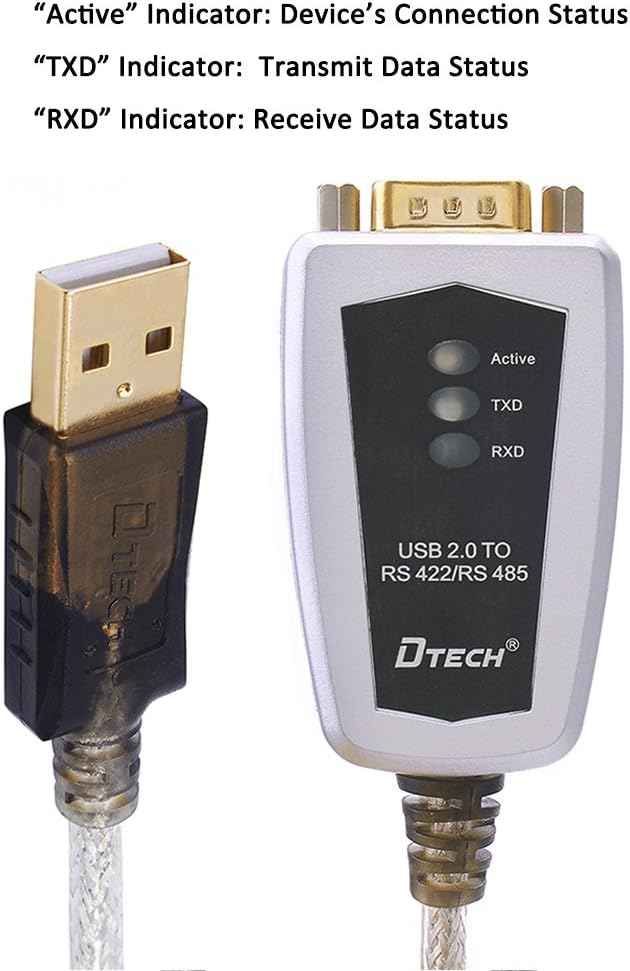 Close-up of DTECH USB to RS422 RS485 converter showing Active, TXD, and RXD LED indicators