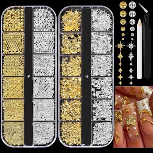 GZMAYUEN 2 Boîtes Strass Ongle Nail Art Dorées et Argentées, Métal Massif Micro Caviar Accessoires pour Nail Art Décorations, 3D Métal Breloques Étoiles pour Nail