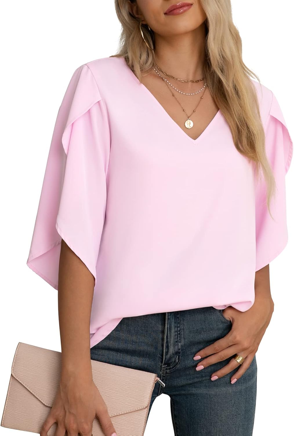Jouica Women Blouses Casual Chiffon Tops Summer 3/4 Ruffled Sleeve Blouse for Women - Image 2
