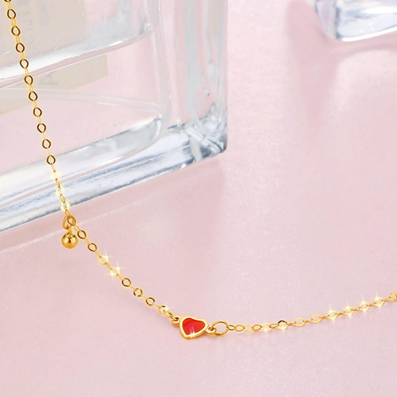 Bracciale Charm Oro Giallo 9 Kt / 14 Kt / 18 Kt per Donna, Catena con Cuore e Perlina, Regolabile 16 CM + 5 CM, Braccialetto Donna Oro