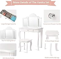 Vista 6 de MAT EXPERT Tocador de princesa 2 en 1 para niños con espejo de tres pliegues, taburete y cajón, parte superior desmontable, tocador de maquillaje