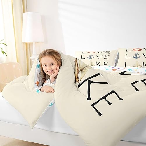 Miniatura 6 de Juego de edredón de casa del lago, tamaño individual, juego de ropa de cama con ancla náutica para niños, adolescentes y adultos, edredón retro de