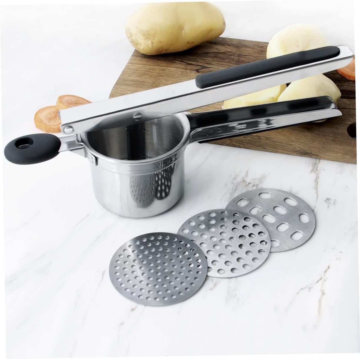 PRETYZOOM Non- Silicone Handle Food Pressing Tool for Potatoes Vegetables and Fruits Potato Interchangeable Disks for Purees