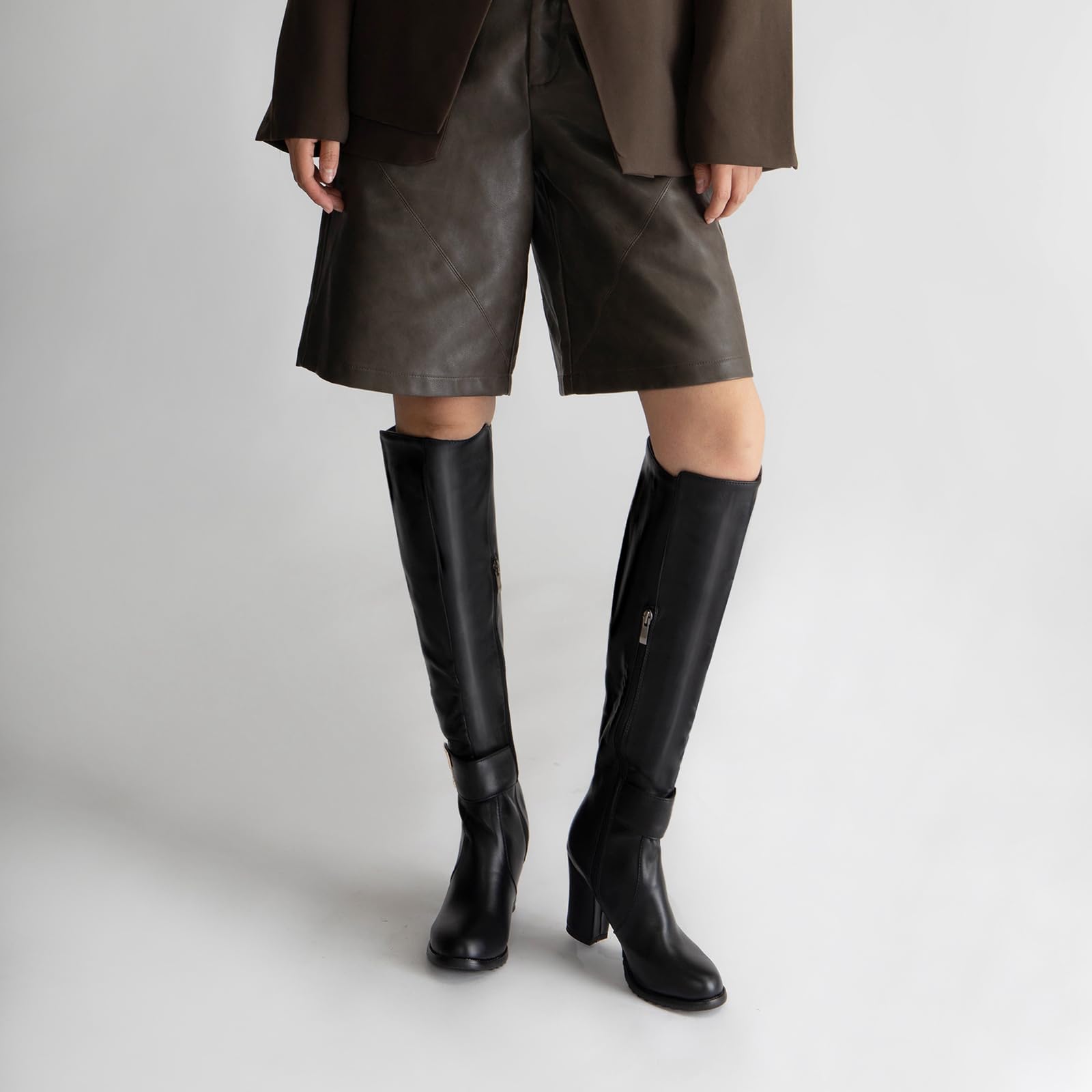 Onewus Bottes pour Femmes avec Talon Carré et Bottes à Tige Longue Zippée