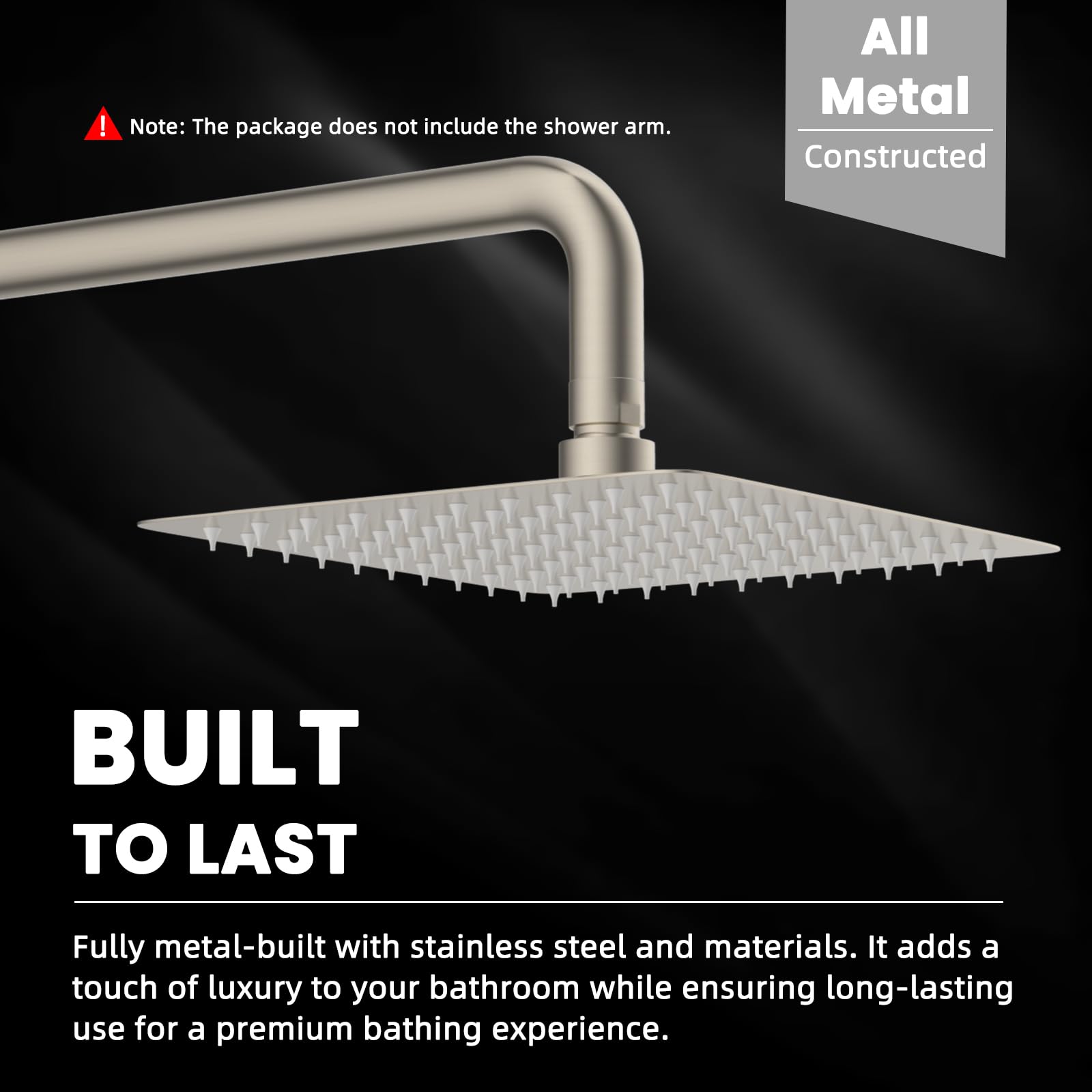 Hibbent Soffione doccia interamente in metallo, 25,4 x 22,9 cm, soffione doccia a pioggia in acciaio inox ad alta pressione, soffione a pioggia per bagno con design ultrasottile, giunto in ottone