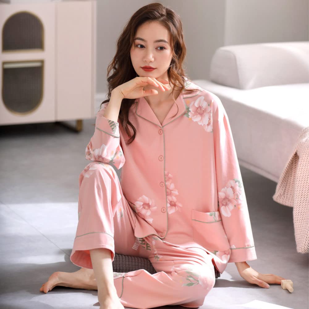 Pijamas Mujer Invierno,Conjuntos De Pijama De Algodón Para Mujer Botón De Solapa Rosa Bolsillo Estampado De Flores De Peonía Moda Acogedor Cálido Manga Larga Pjs Top Amp; Bottoms Set Loungewear