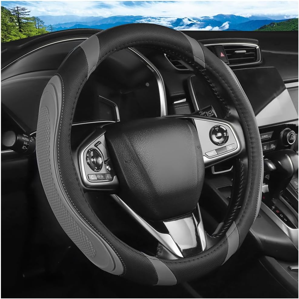 Car Steering Wheel Cover, 14.5-15" Leather Massage Grip Anti-Slip Steering Wheel Protector, Breathable Automotive Interior Decoration Accessories, Universal for Van Truck RV (Dark Gray)