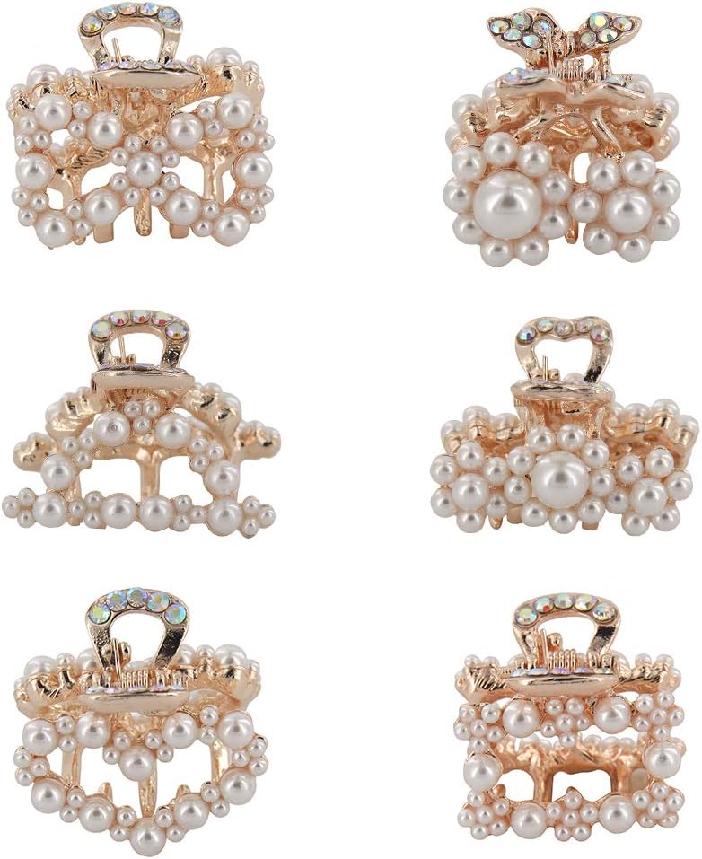 Yeshan Pearls Hair Claw Clips for Women and Girls,6 PCS Fashion Silver Artificial Pearl Barrettes with Flower and Butterfly Styles for Party Birthday Vatentines Day Gifts.