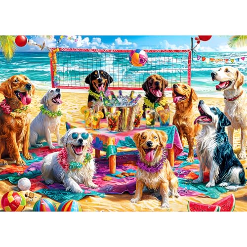 Rompecabezas para adultos de 1000 piezas: 'Doggo Beach Bash', escena playera con perros, decoración para fiestas, tamaño final 27,56 x 19,69 pulgadas, incluye póster a escala 1:1 y letra en el reverso miniatura 1