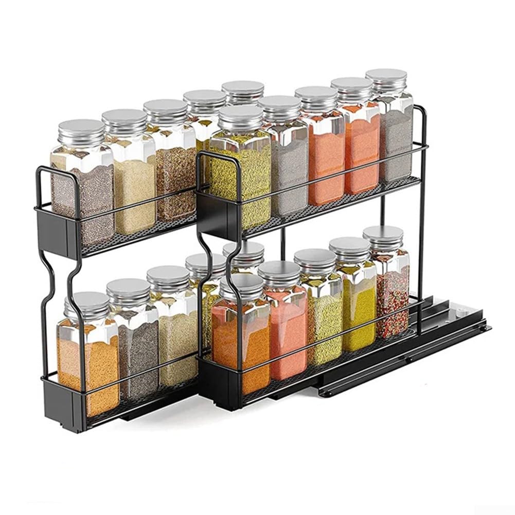 Estante para especias, estante de especias para estufa de cocina, organizador de estante de metal de 2 niveles sin instalación de taladro, ahorra espacio en la encimera, sostiene tarros de condimentos