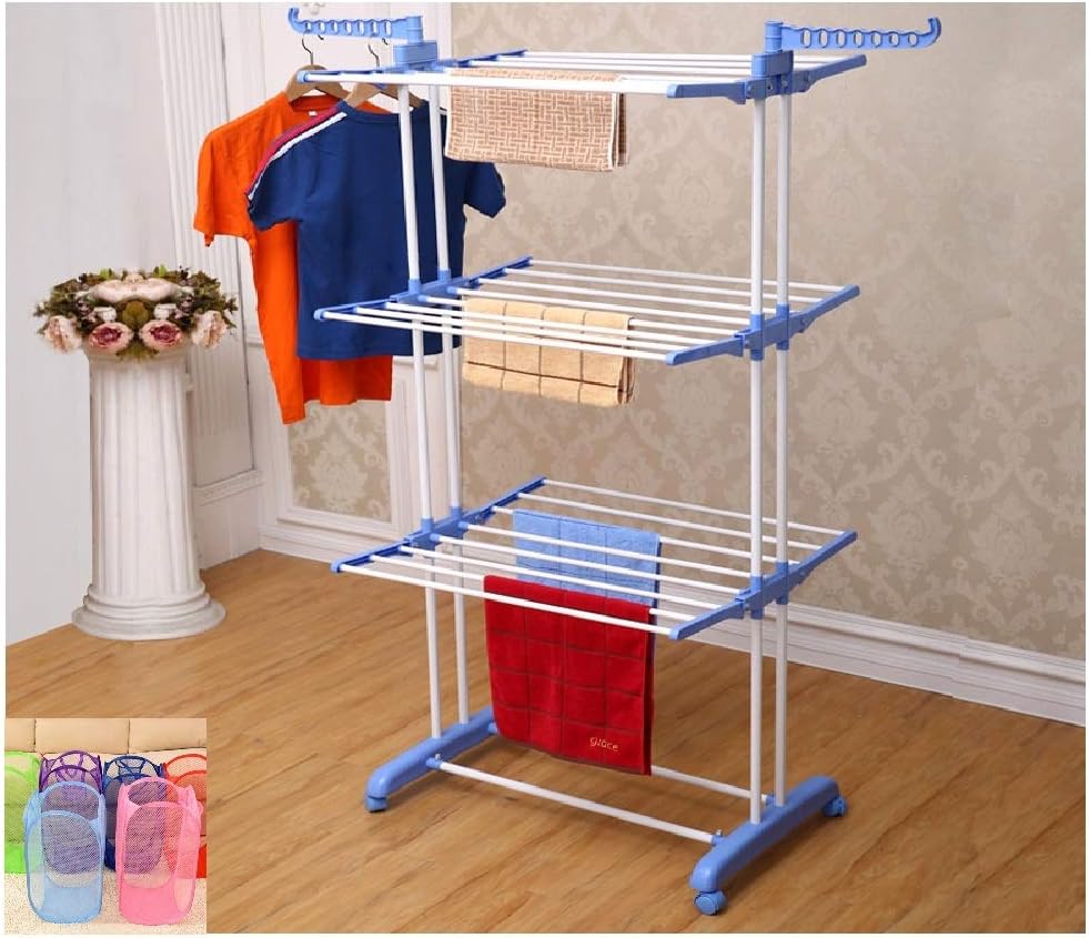 Kumaka Heavy Duty Space Saving/Movable/Mild Steel Double Pole Cloth Drying Stand & Laundry Rack Stand with Weight Capacity Above 40Kg with Laundry Bag