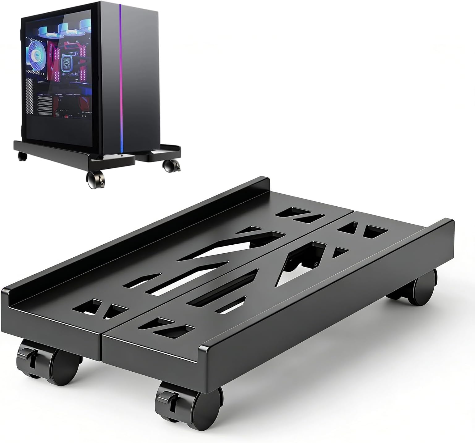 Eidoct Adjustable PC Tower Stand with 4 Wheels - Ventilated CPU Floor Stand for Gaming Desktops, Under Desk PC Mount Holder Fits Most Cases on Carpet & Hard Floors (Black)