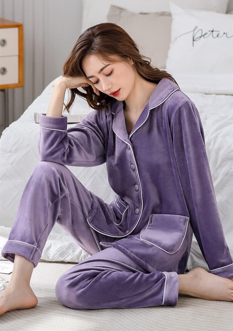 LUBOSE Pijama de franela para mujer, conjunto de ropa de descanso, 2 piezas, pijama con botones, ropa de descanso térmica (XL, morado)