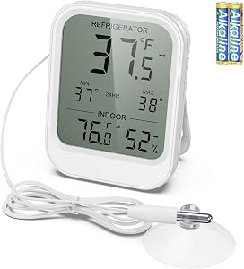 AMIR Digital Fridge Thermometer with Probe, LCD Display, Max/Min Records, Alarm, Digital Thermometer with External Sensor, Magnet, Suction Cup Freezer for Aquarium,Refrigerator,Freeze