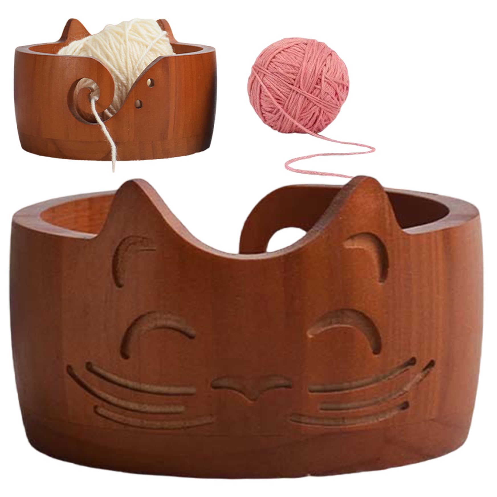 Bol à laine chat en bois artisanal 7x4 pouces pour tricot et couture