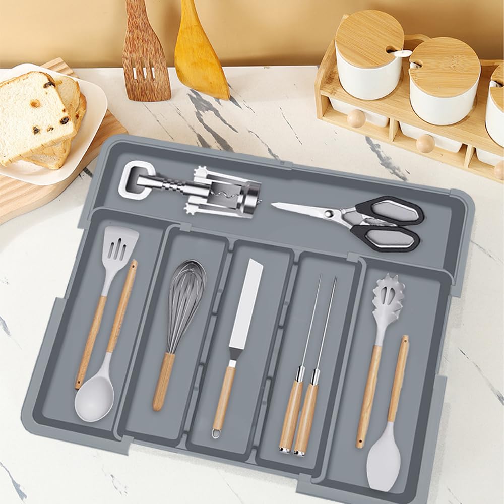 Portaposate da Cassetto Espandibile, Portaposate da Cassetto, Organizzatori per Cucina, con Supporto per coltelli Rimovibile, per Cucchiai, Forchette e Coltelli, Grande (Grigio)