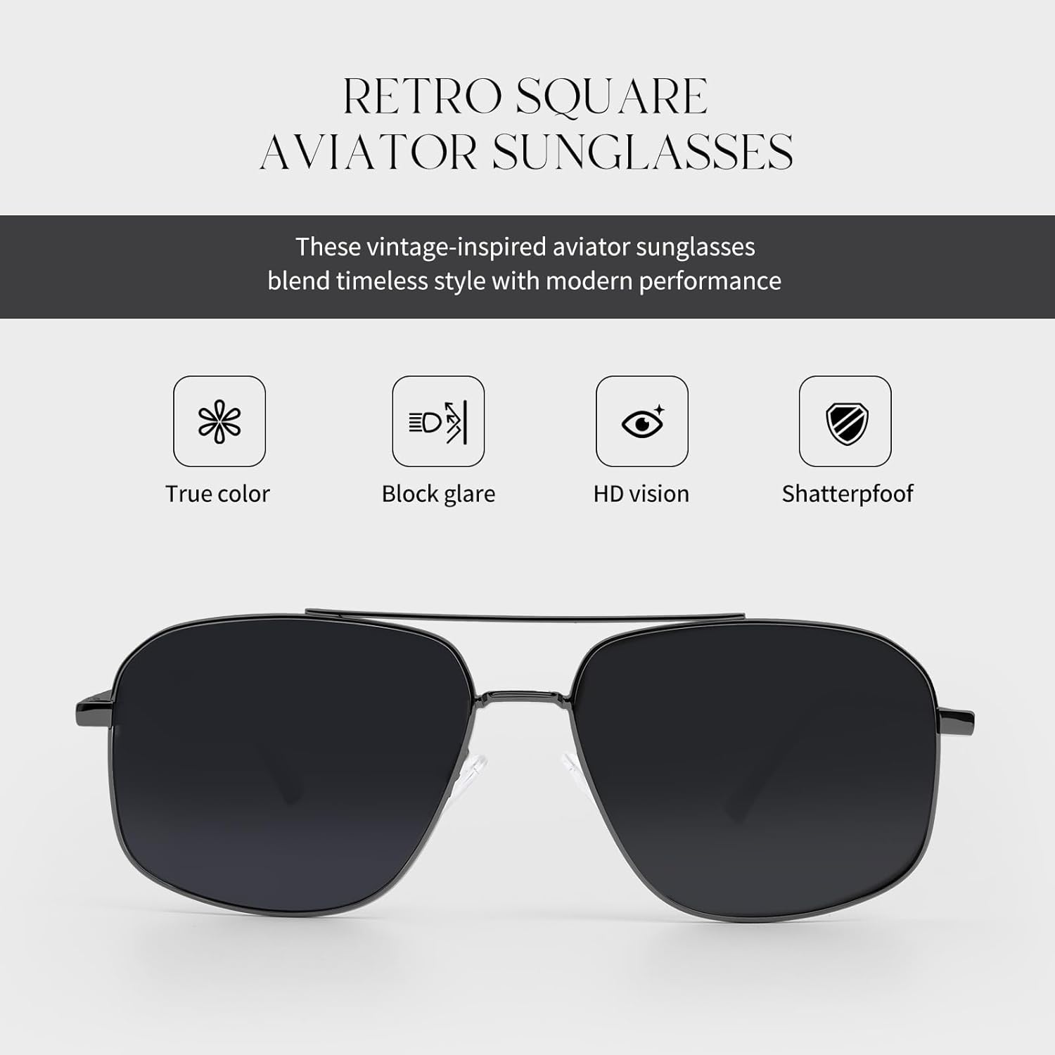 Retro Square Aviator Sunglasses for Men Women - Oversize Polarized Metal Frame Driving Glasse - Classic Fashion UV400