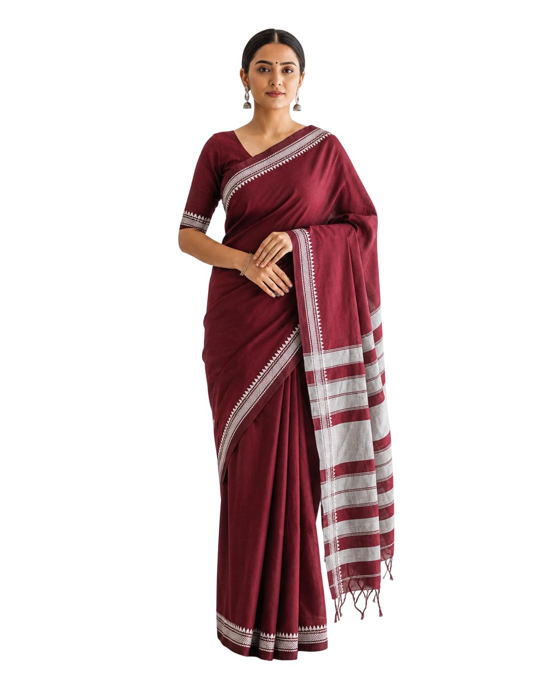 Terchi Maroon Cotton Saree with Blouse, with Silver Striped Border, Traditional Handloom Style, Ethnic Wear-image-36