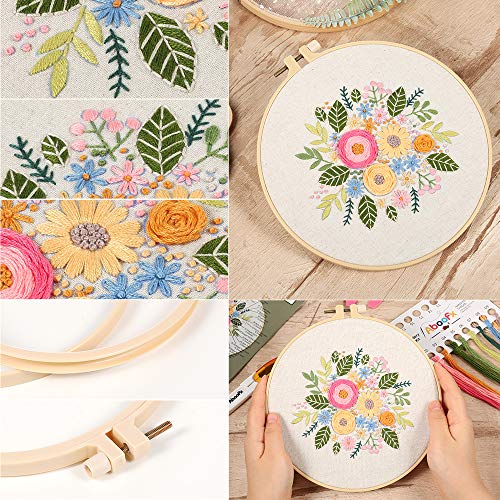 Aboofx Embroidery Kit, Embroidery Starter Kit with Pattern and Instructions, Cross Stitch Kit Include 1 Embroidery Clothes with Floral Pattern, 1 Plastic Embroidery Hoops,Color Threads and Tools