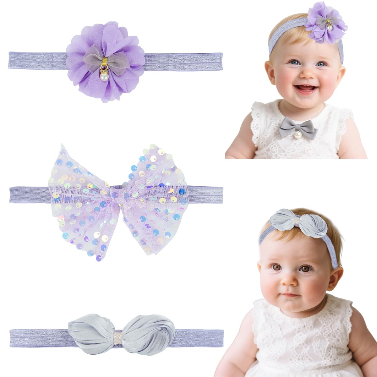 snowie soft SNOWIE SOFT® 3pcs Baby Girl Bows Headband Chiffon Flower Hairband for Newborn Infant Toddler-picture-19