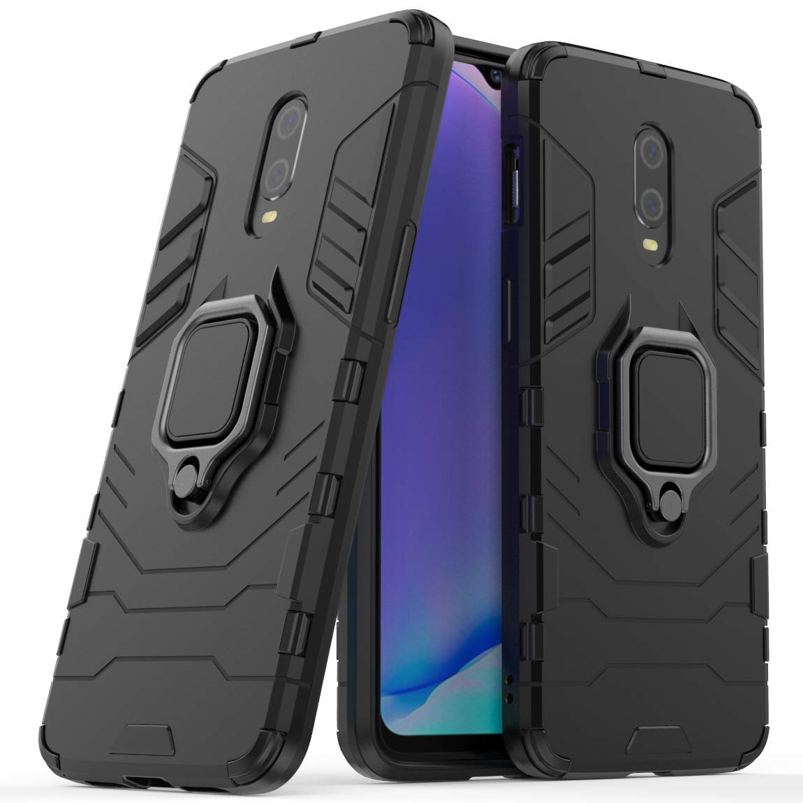 Compatible with OnePlus 7, OnePlus6T Case, Metal Ring Grip Kickstand Shockproof Hard Bumper (Works with Magnetic Car Mount) Dual Layer Rugged Cover for OnePlus7, OnePlus 6T (Black)