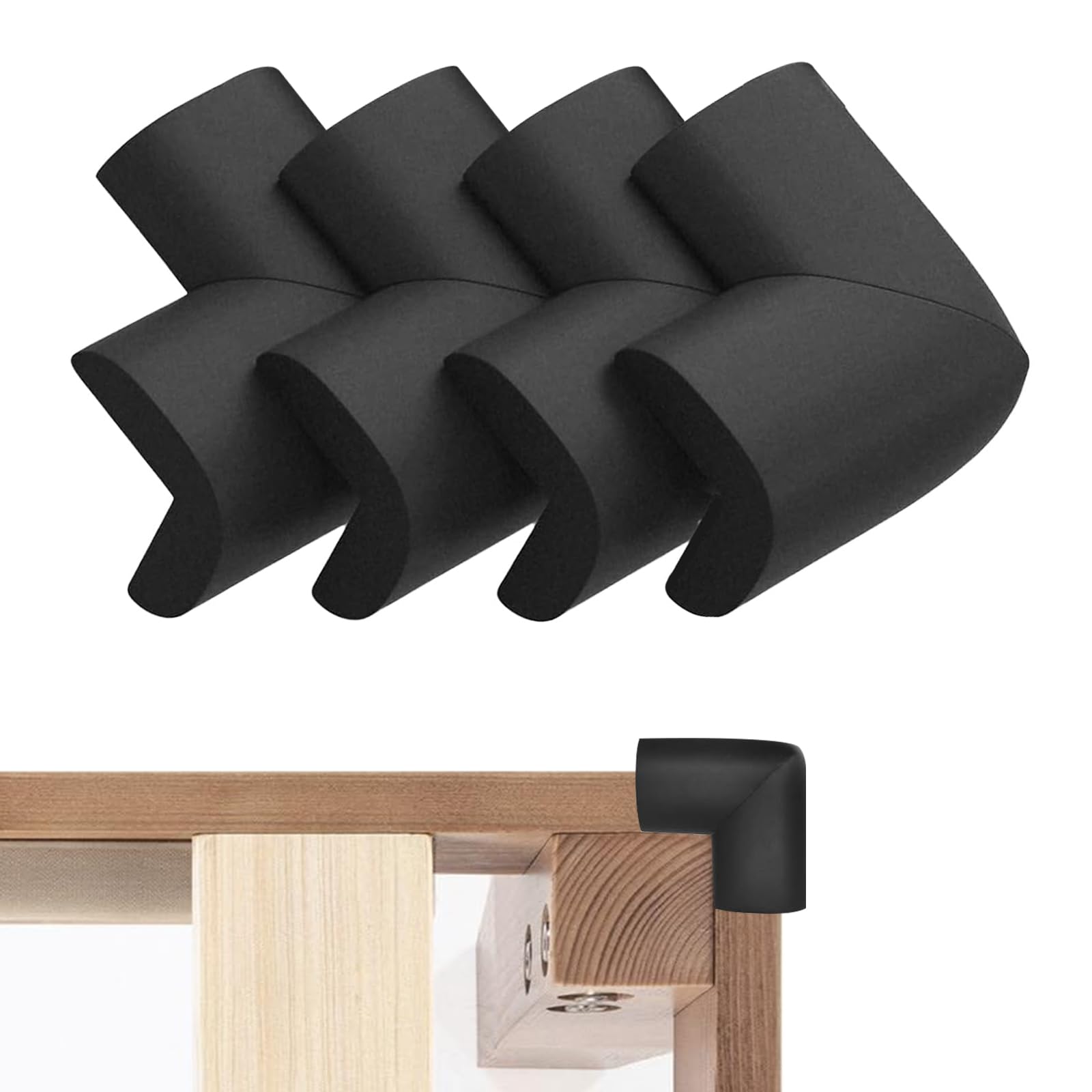 Bed Frame Corner Protector Black: 4 Pack Foam Rubber Guards Bumpers for Bed Table Cabinet Corner Safe Impact Absorption for Kids & Seniors (4, Black)