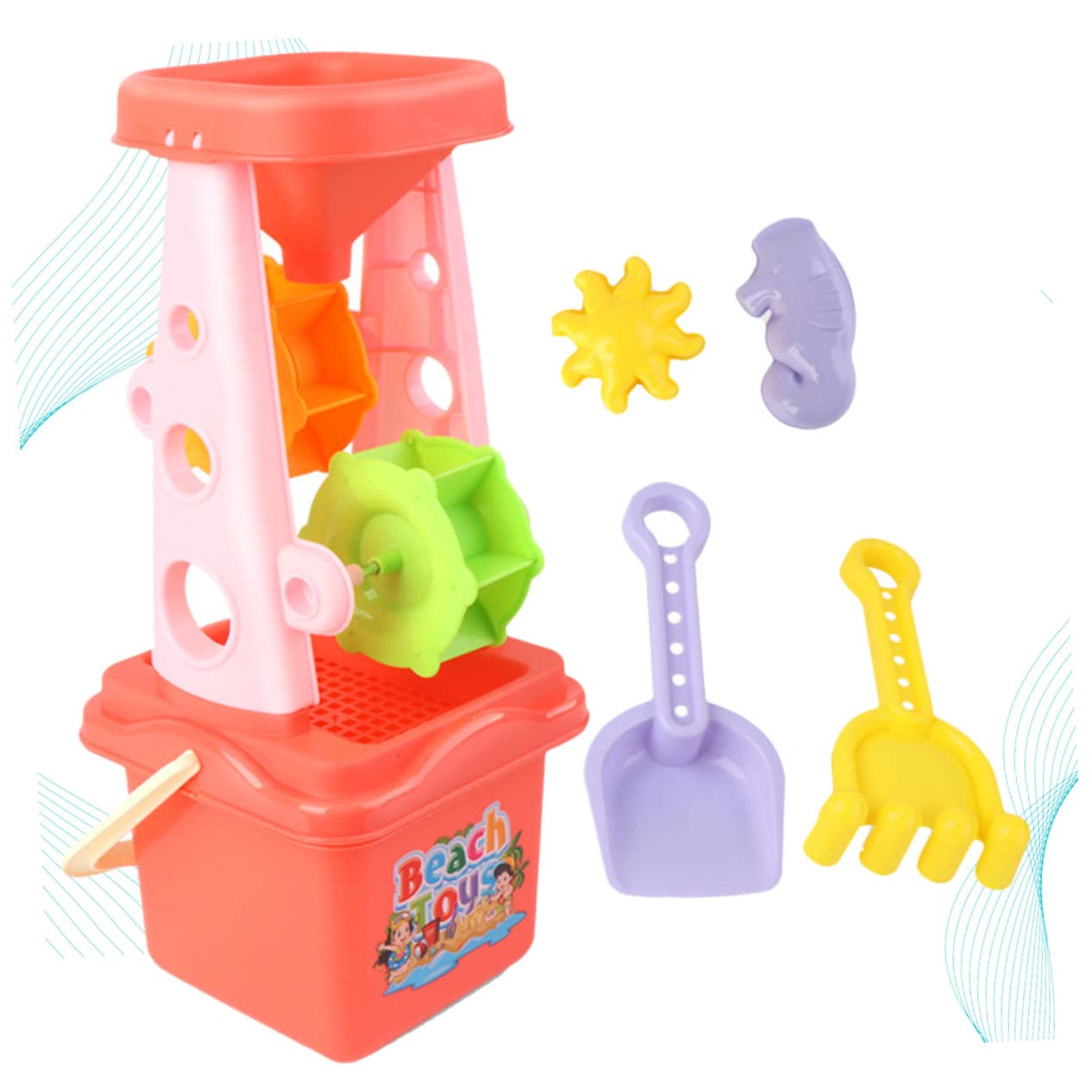 KICHOUSE 5Pcs Parent Interactive Beach Sand with Trolley Hourglass Shovel Rake and Bucket Mixed for Beach