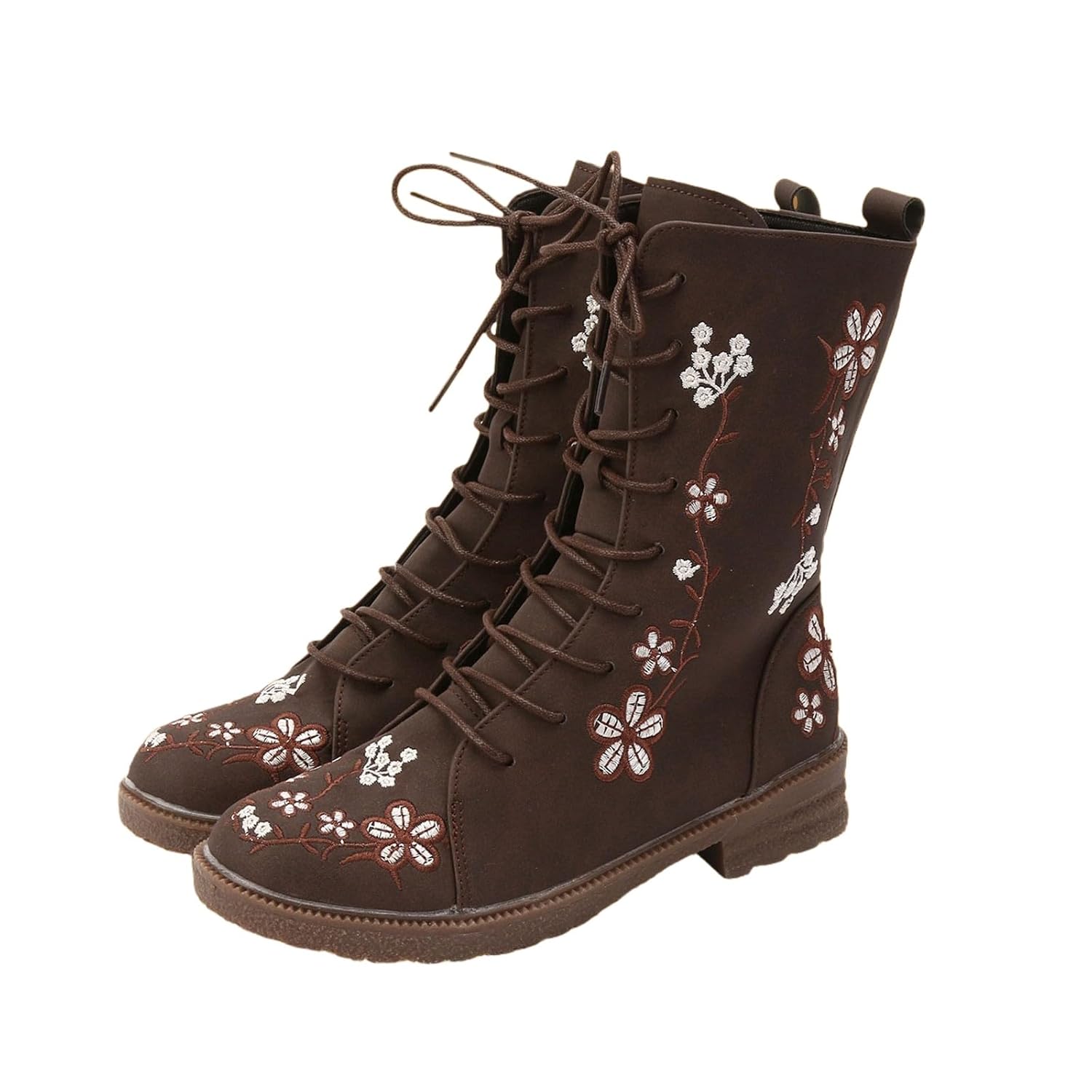Combat Boots for Women Round Toe Low Heel Printed Boot Lace Up Vintage Flower Embroidered Ankle Boots Mid