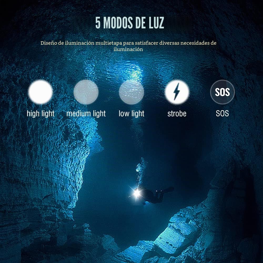 WINDFIRE 5000 lúmenes luz subacuática, luz frontal subacuática, 5 modos linterna frontal subacuática, IPX8 impermeable sumergible 60 metros de seguridad cabeza de buceo con carga
