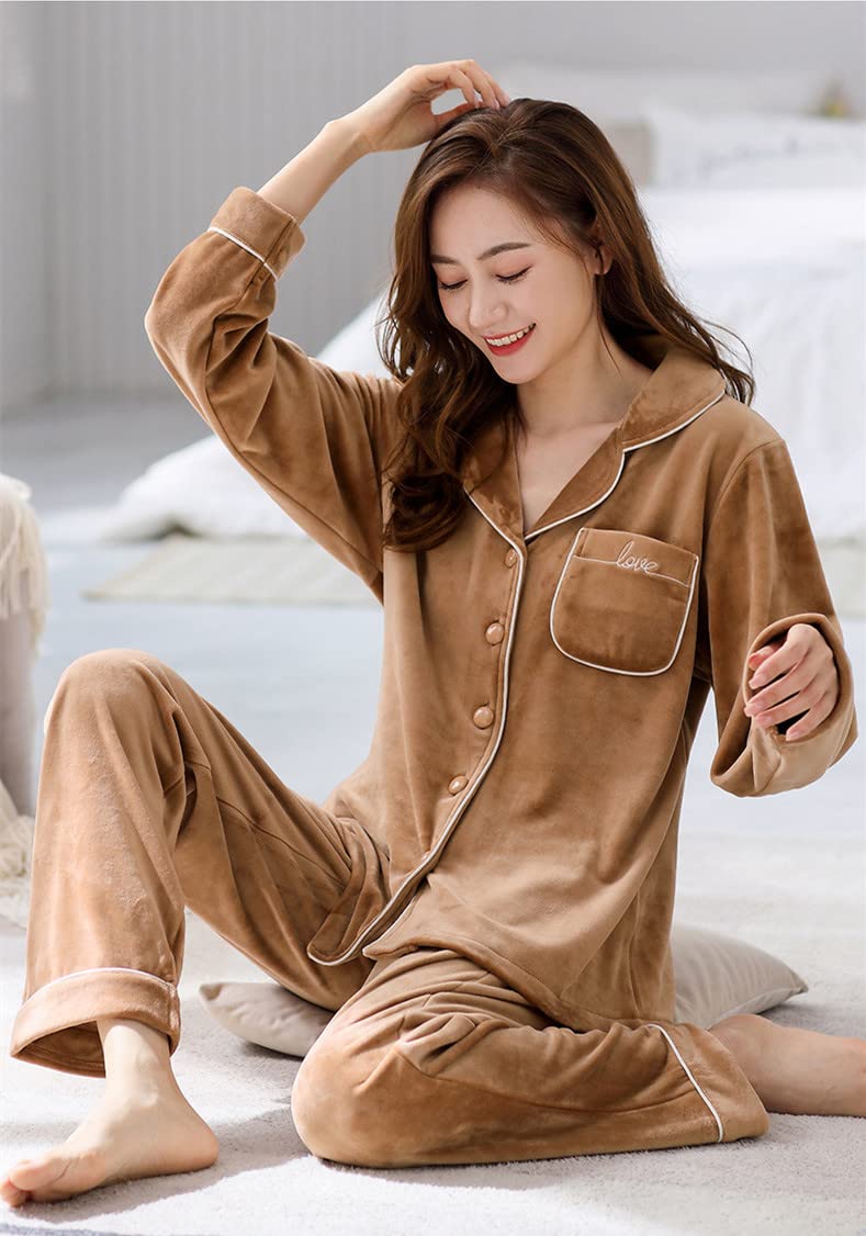 LUBOSE Pijama de franela para mujer, conjunto de ropa de descanso, 2 piezas, pijama con botones, ropa de descanso térmica (M, amarillo)