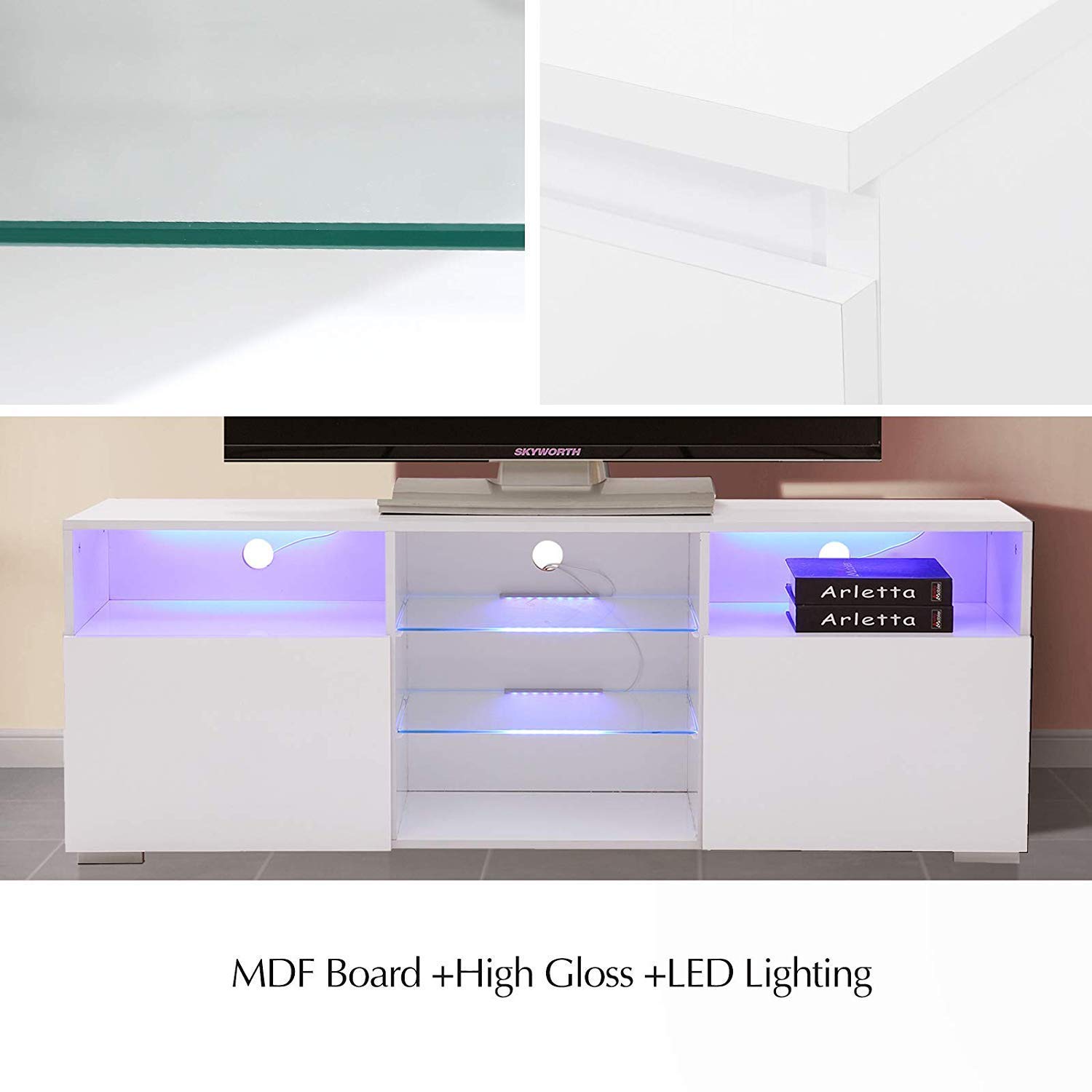 Mecor White TV Stand w/Lights Modern LED TV Stand w/Remote Control High