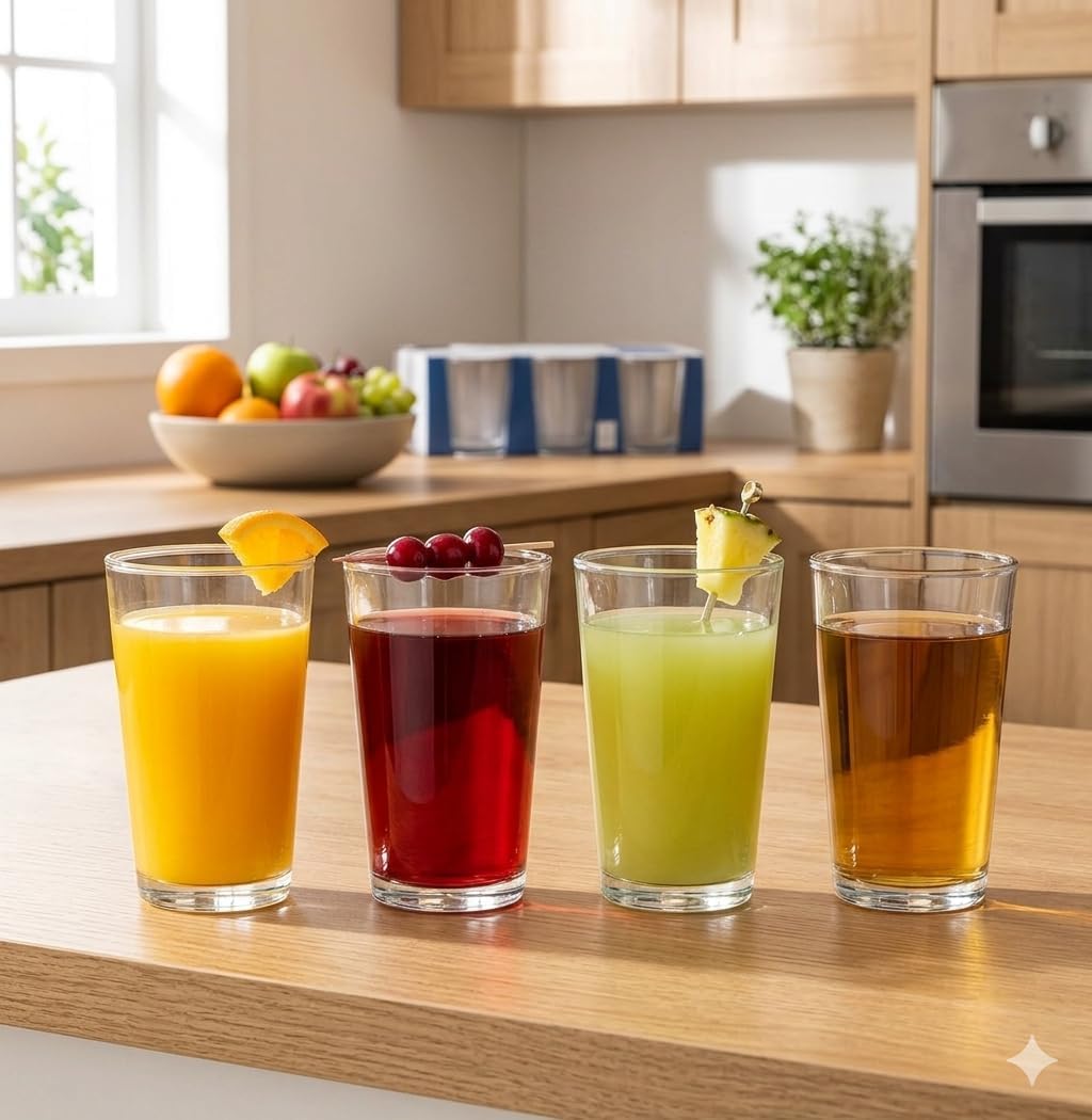BOHEM'S Small Juice Glasses, Clear Glass Cups Tumblers, 7 Oz, Drinking Glassware for Orange Juice, Water, Milk, Coffee, Perfect for Tasting and Small Portions, Set of 4 (Style 1)